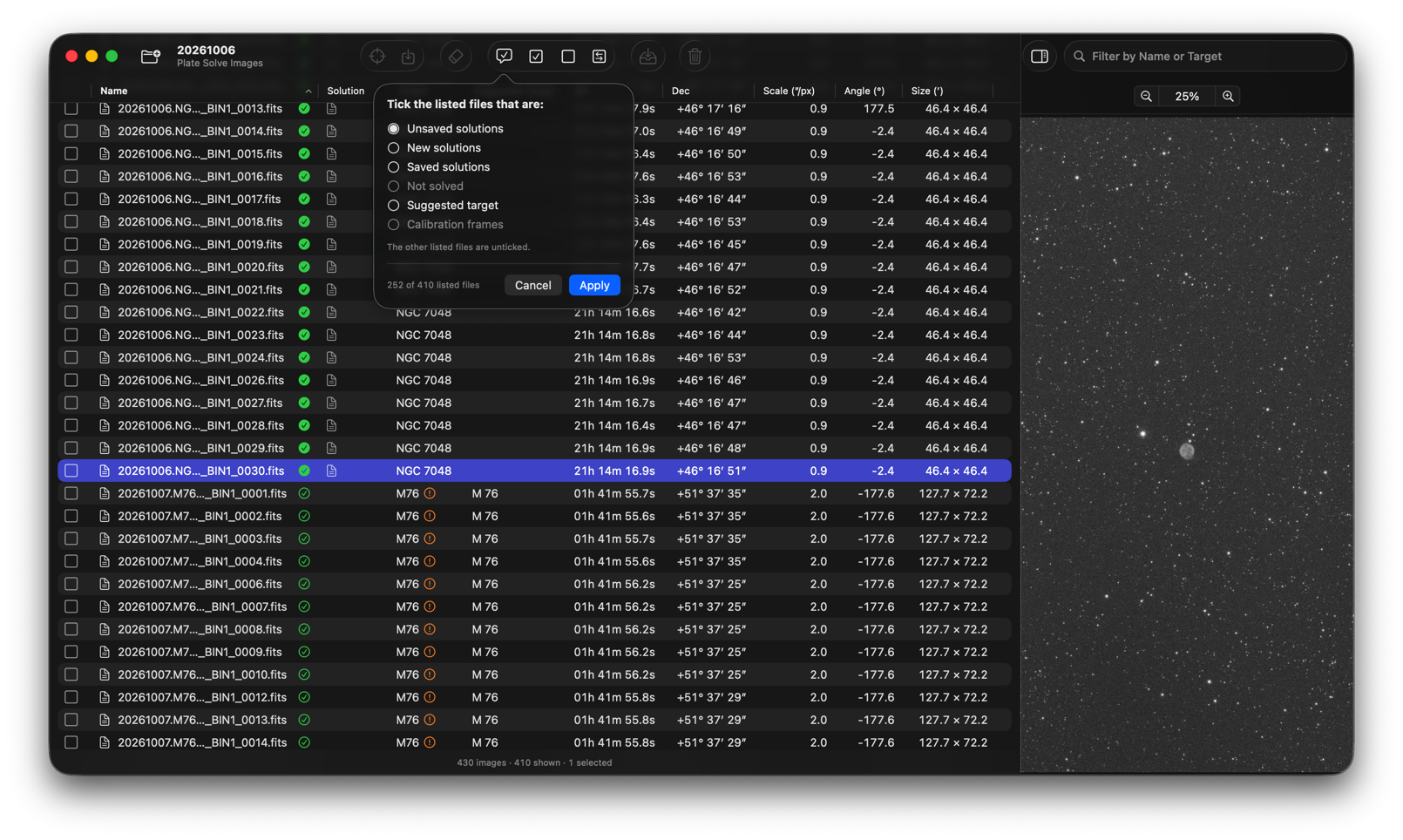 The SolFITS window, solving a folder of images